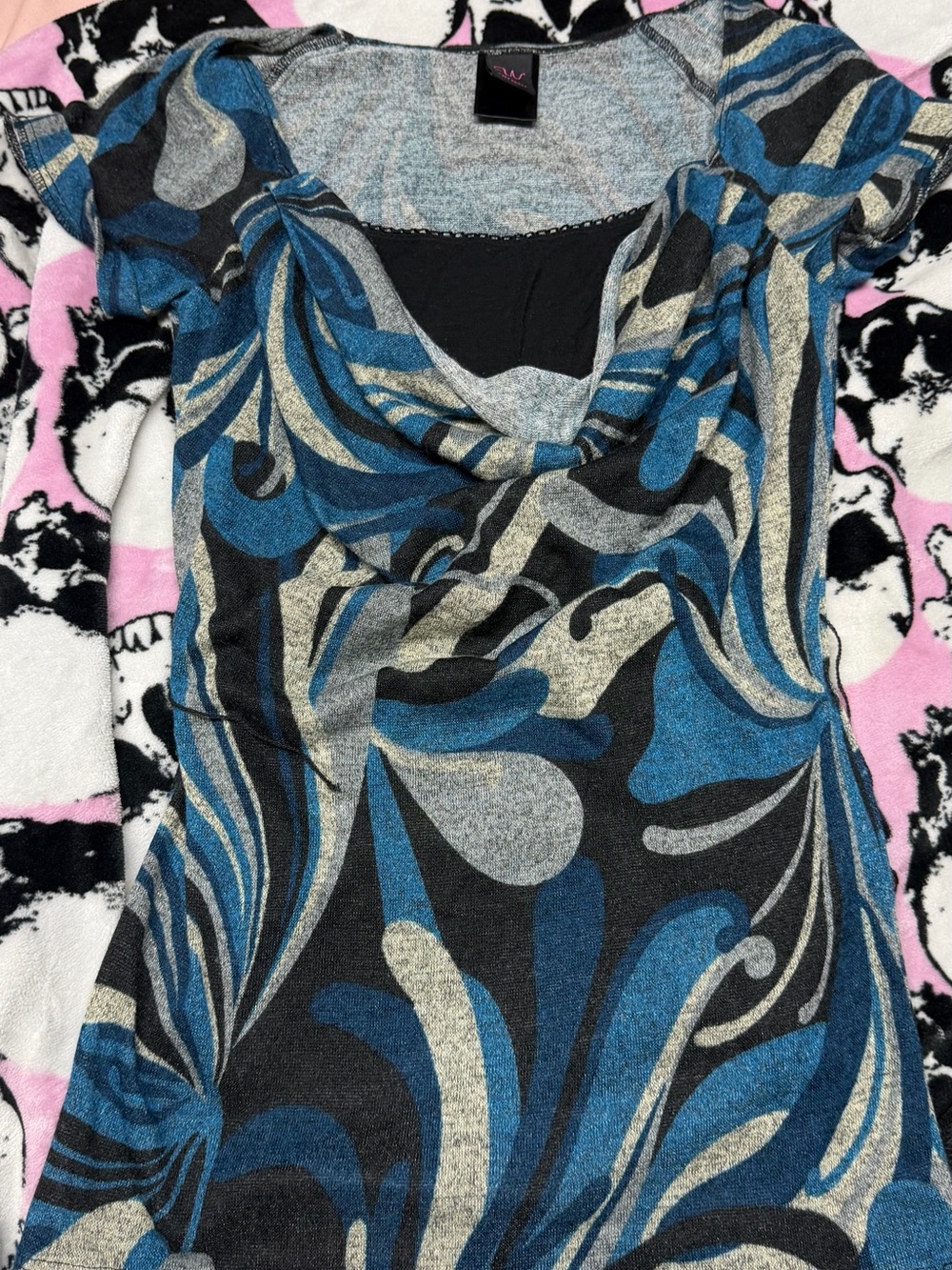 Wrapper Blue Black and Gray Swirl Cowl Neck Top